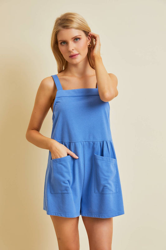 DENIM BLUE TERRY ROMPER WITH BIG FRONT POCKETS