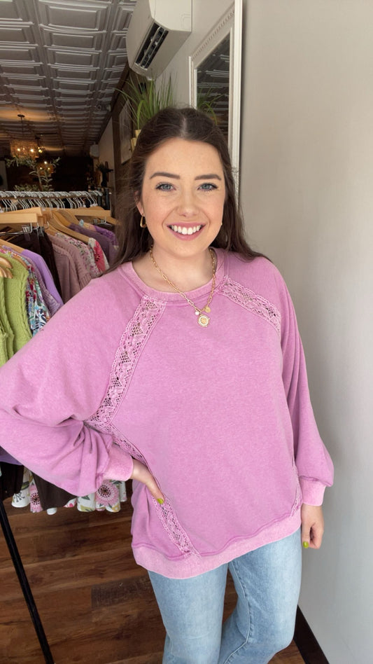Orchid French Terry Sweatshirt with Lace Detail