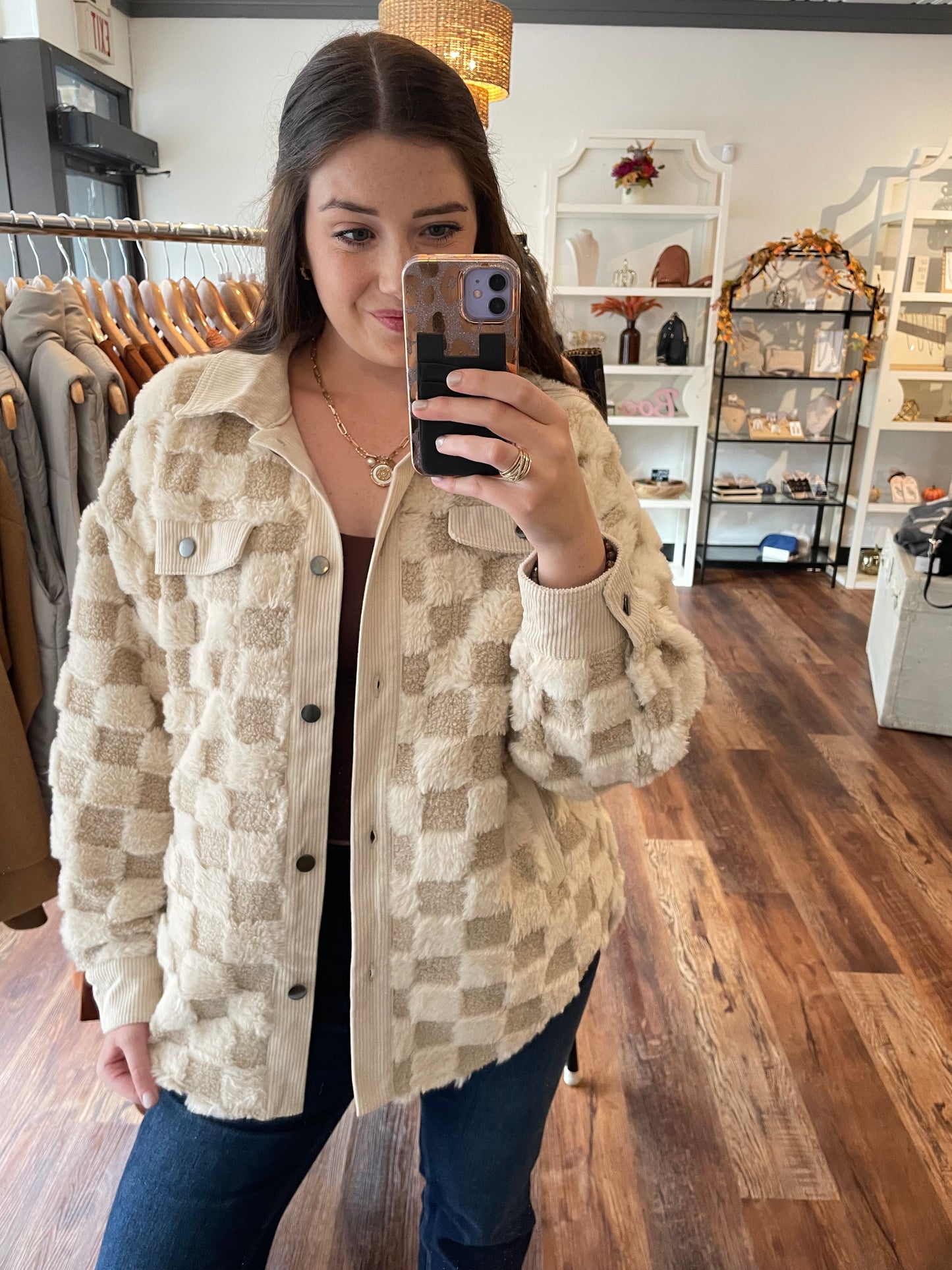 Cream Checkered Button Down Shacket