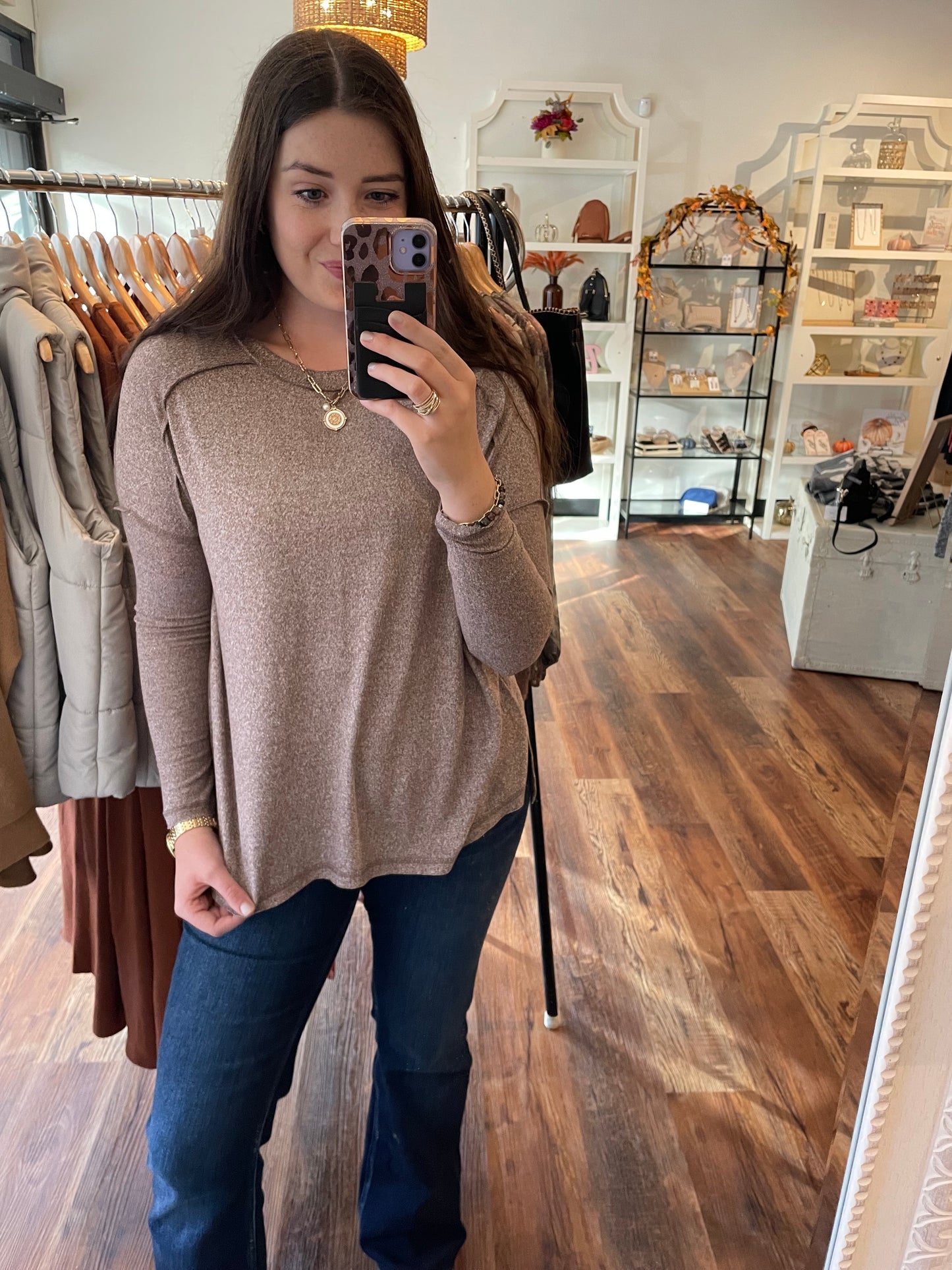 Heathered Brown Long Sleeve Basic Top