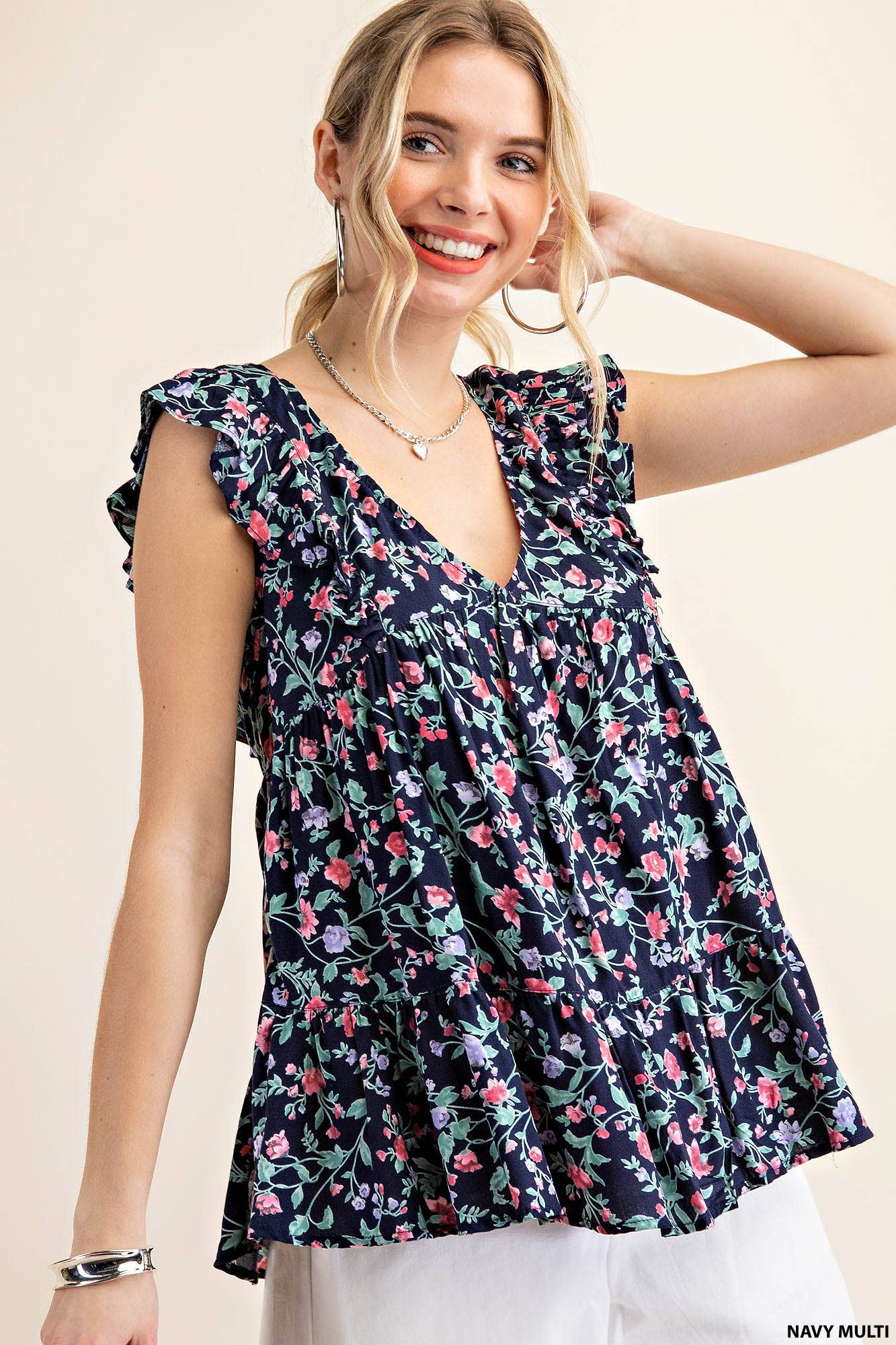 NAVY FLORAL TOP-SLEEVELESS