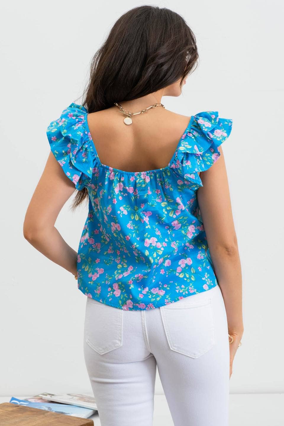 BLUE FLORAL SWEETHEART NECK RUFFLE SLEEVE TOP
