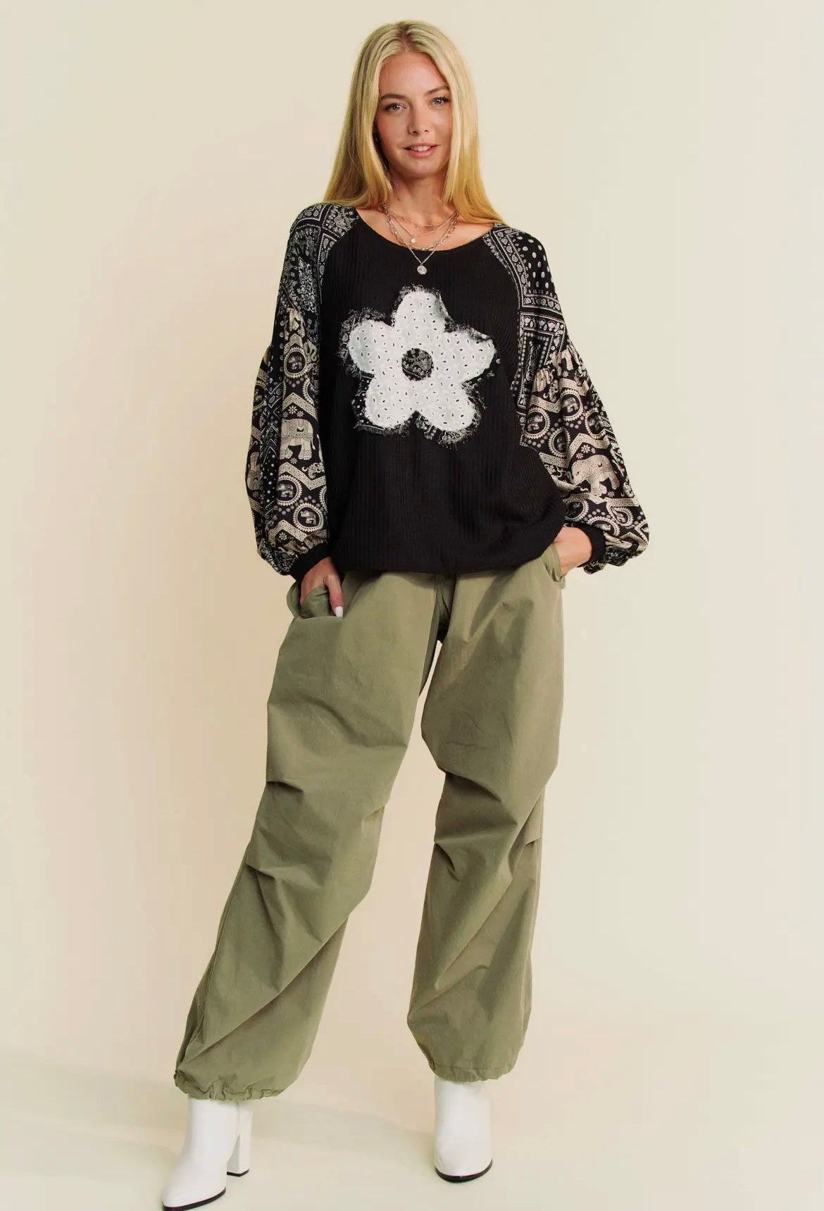 Black Floral Patchwork Top