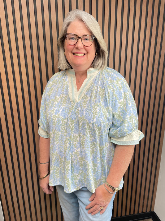 Blue and Green Floral Blouse
