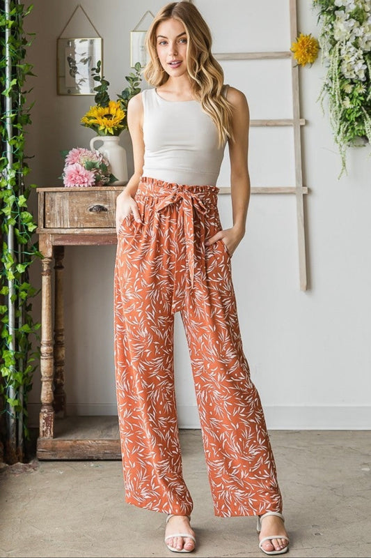 Rust and White Printed Pants with Tie