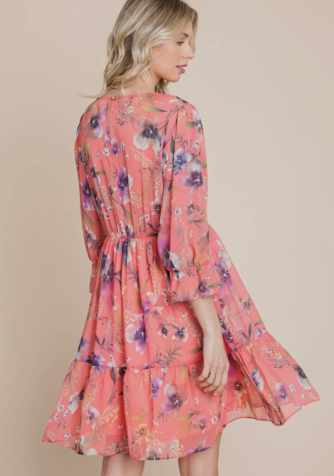 Coral Floral Three Quarter Dress