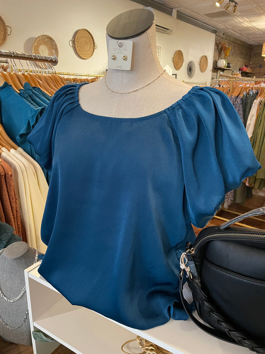 Teal Satin Puff Sleeve Blouse