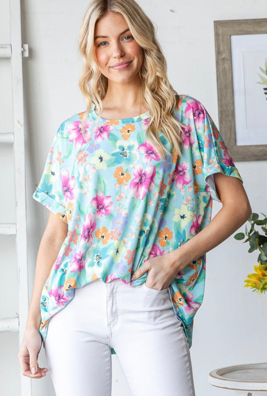 Aqua Floral Rolled Sleeve Top