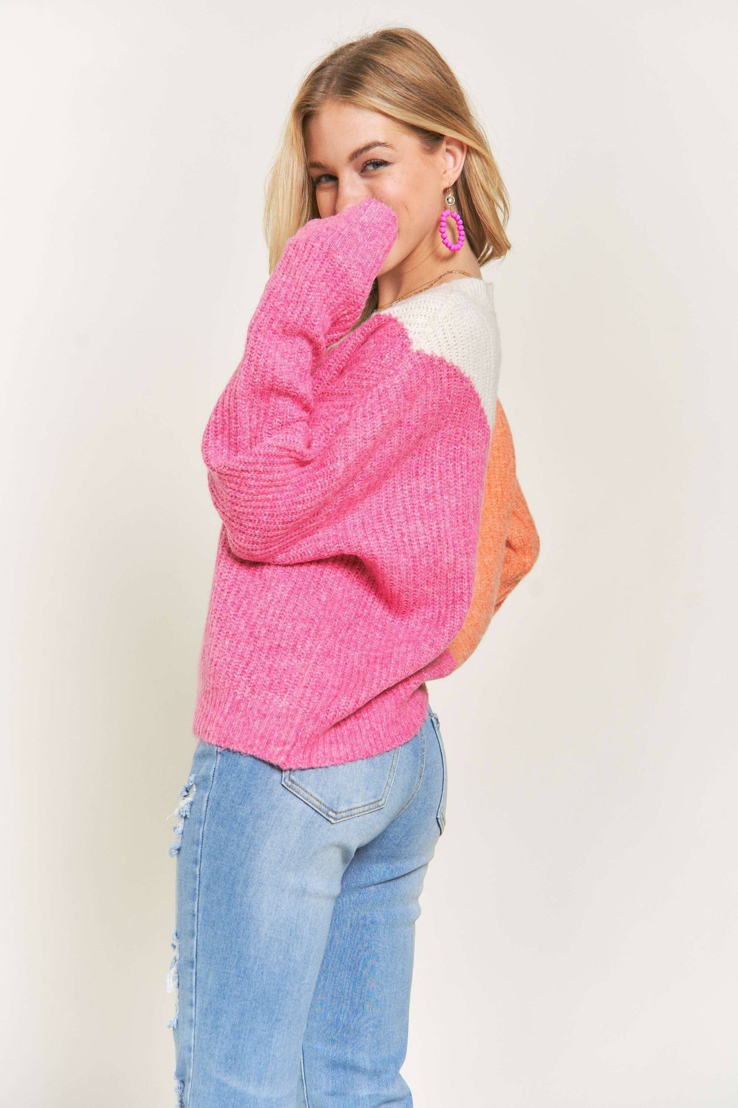 ORANGE AND PINK COLOR BLOCK COMFY SWEATER TOP