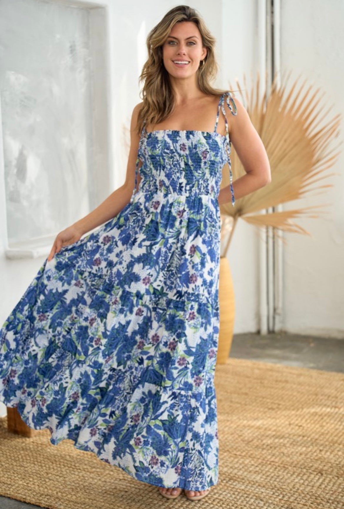 Cobalt Blue Floral Maxi Dress with Ties