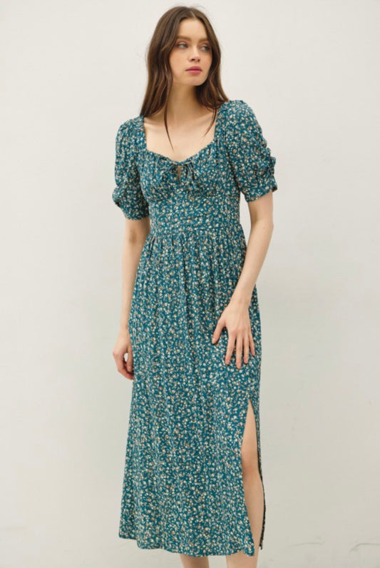 Teal Floral Midi Dress with Puff Sleeves