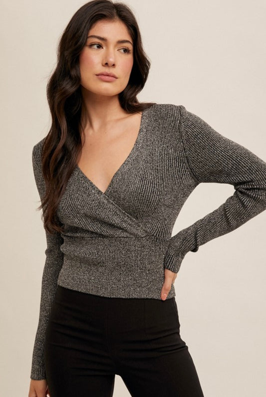 Black and Silver Metallic Surplice Ribbed Sweater