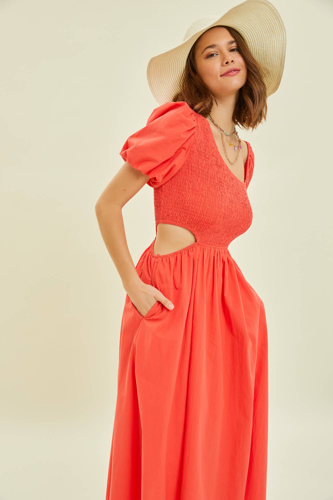 CHERRY RED SMOCKED BUSTED MIDI DRESS WITH WAIST CUTOUT
