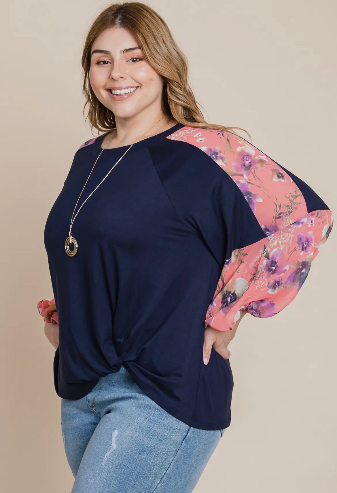 Navy Top with Coral Floral Chiffon Sleeves