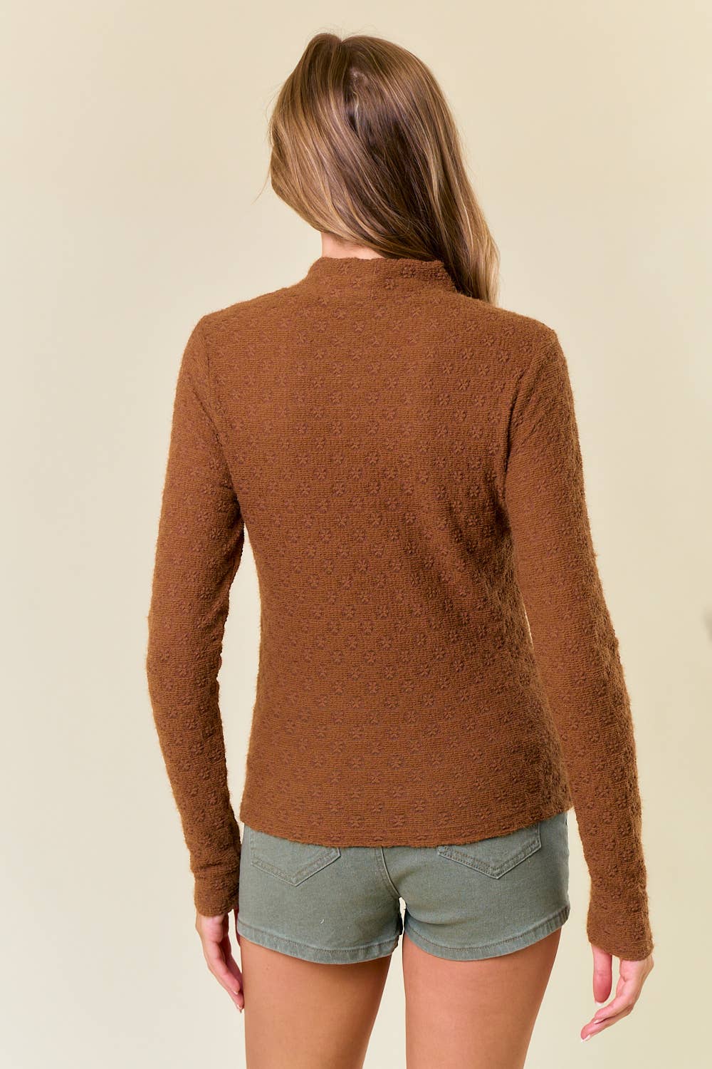 Coffee Brushed Floral Stretch Lace Turtle Neck Top