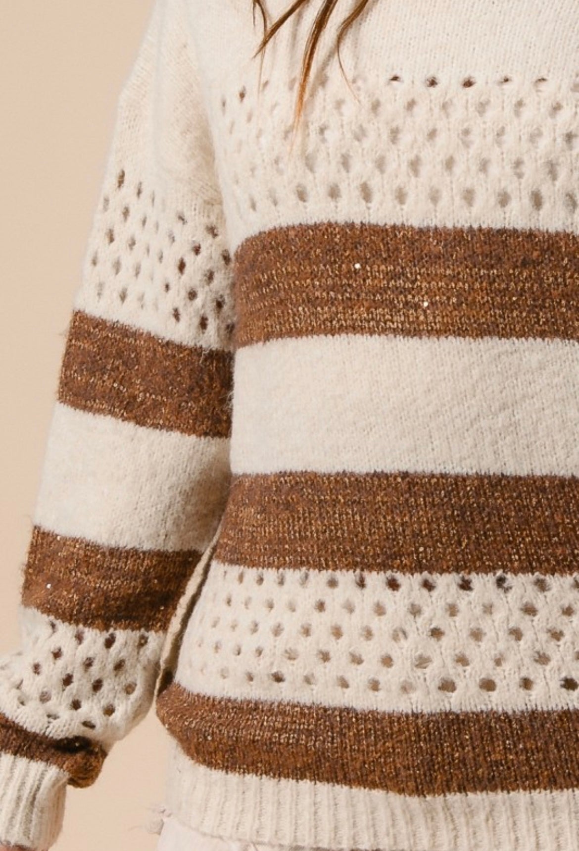 Ivory and Brown Striped Patterned Sweater