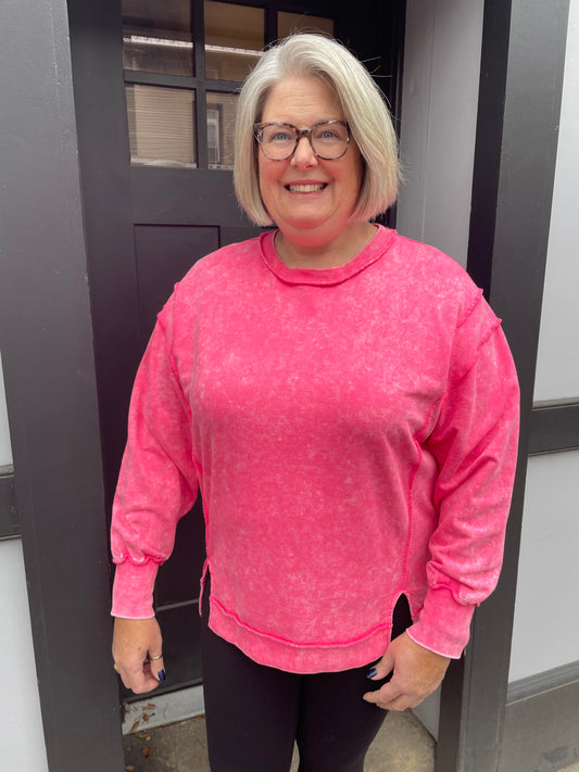 Fuchsia French Terry Pullover with Exposed Seams