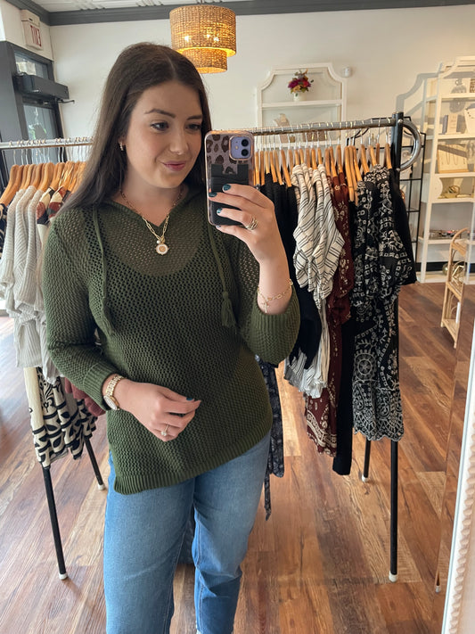 Olive Three Quarter Sleeve Hooded Sweater