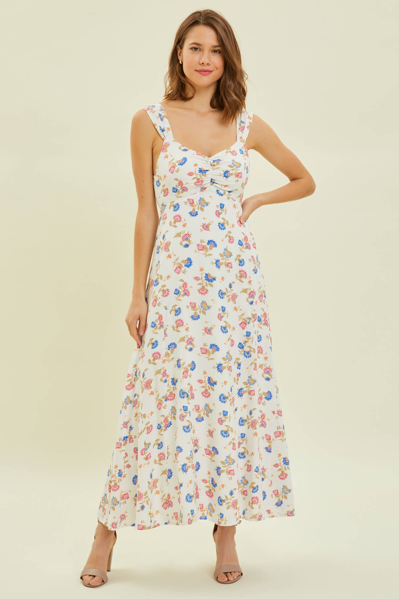 IVORY FLORAL SWEETHEART NECK, FLORAL MIDI DRESS