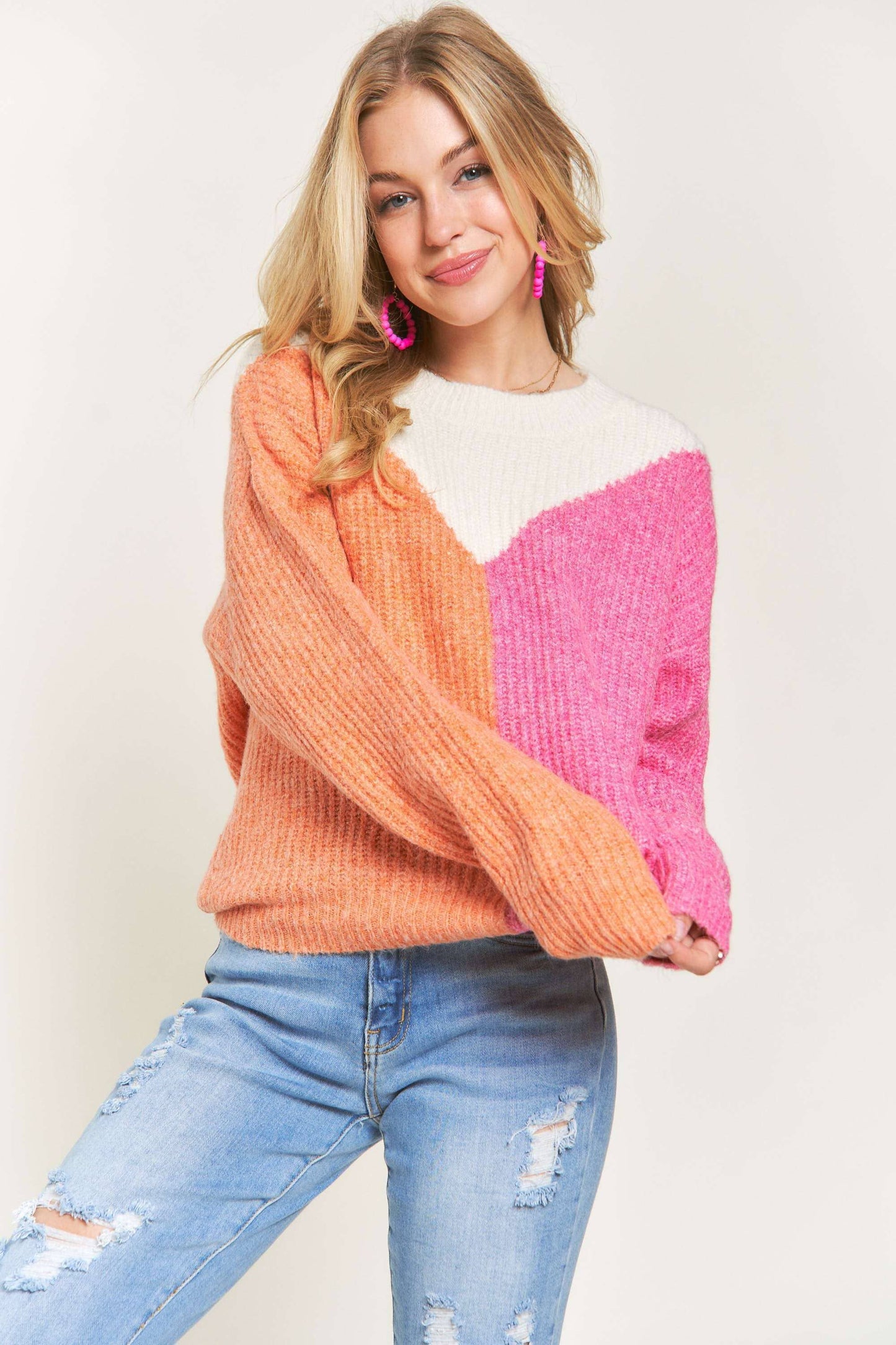 ORANGE AND PINK COLOR BLOCK COMFY SWEATER TOP