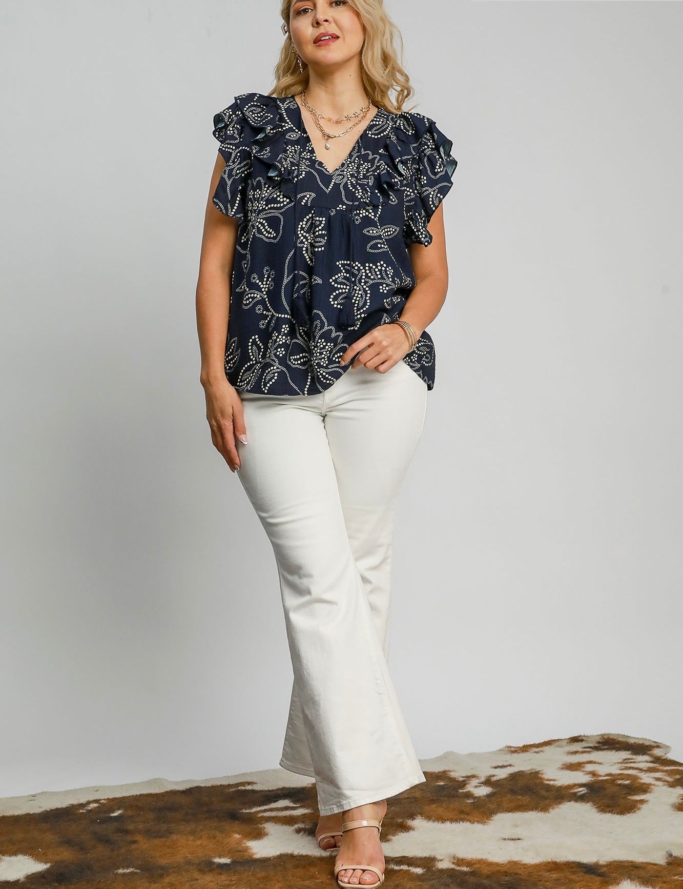 Navy and White Ruffle Top