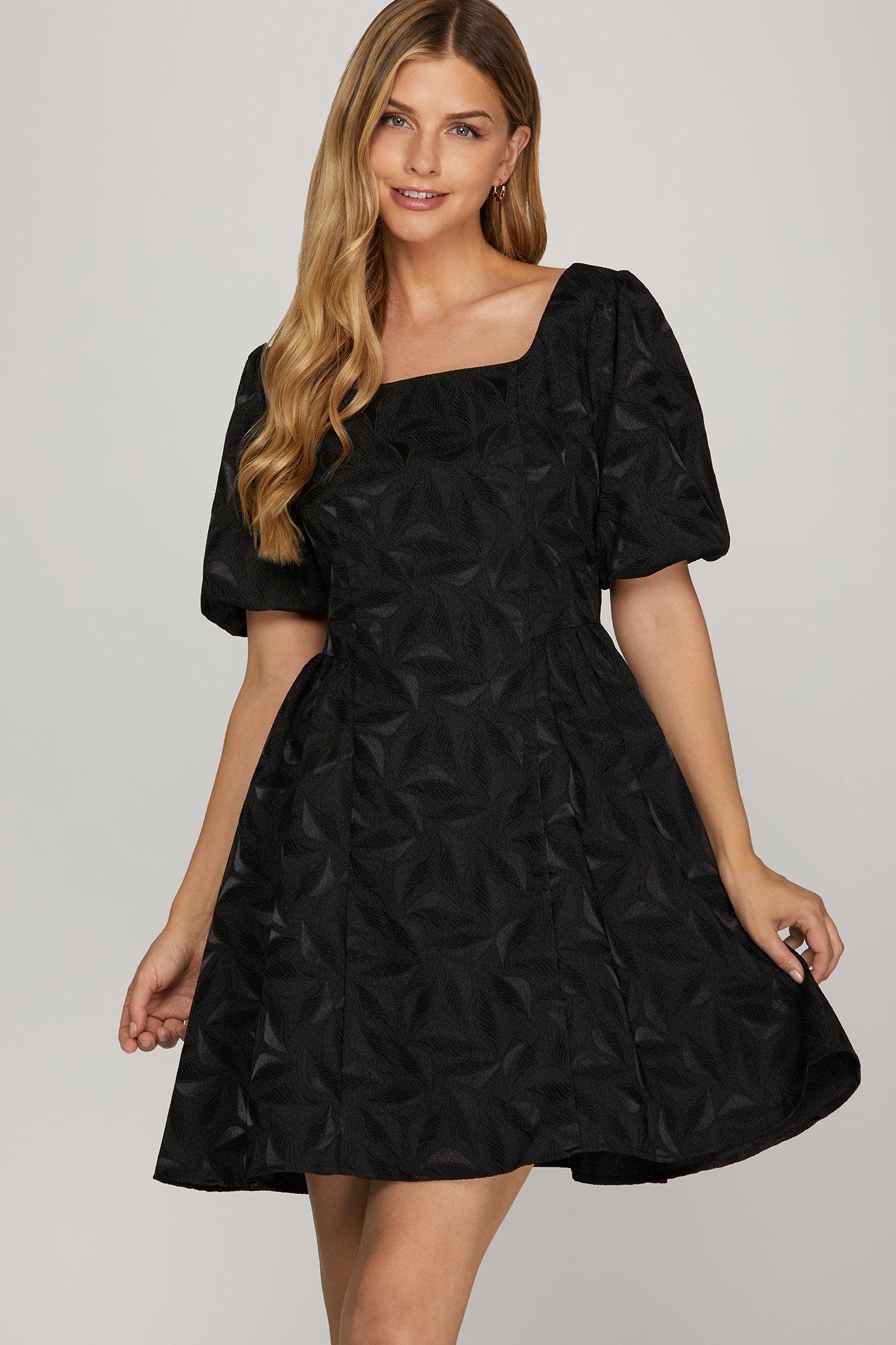 Black Puff Sleeve Jacquard Mini Dress