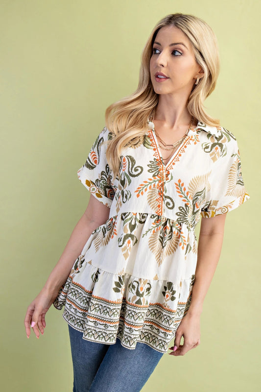 Olive Boho Tiered Blouse