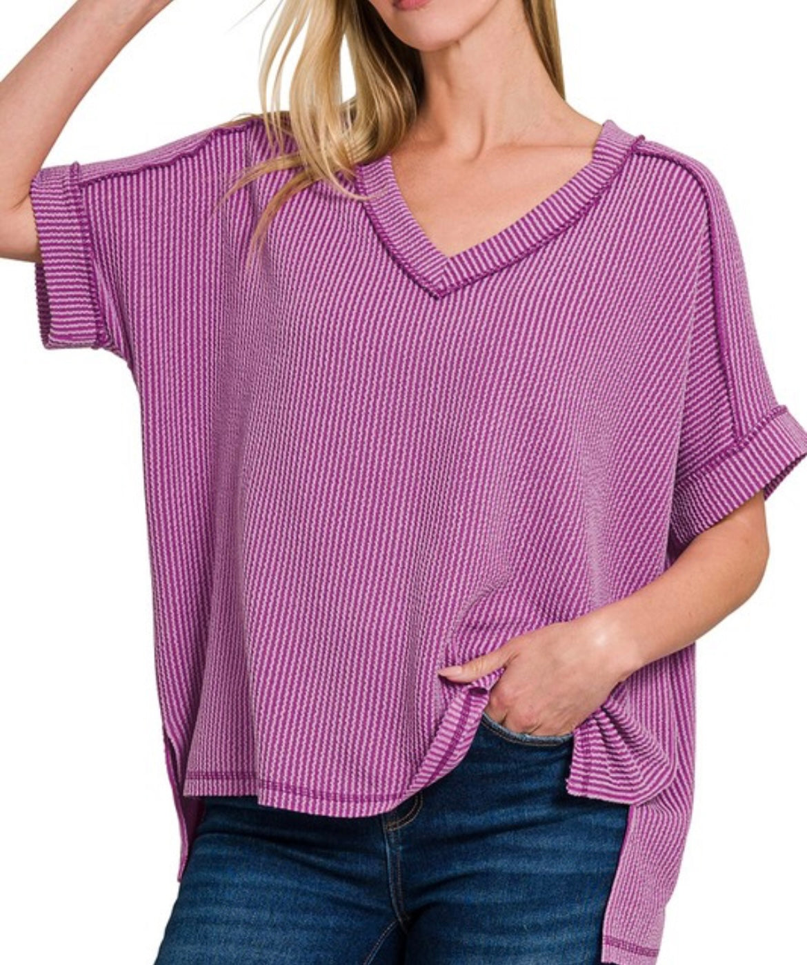 Ribbed Hi-Low V-Neck Short Sleeve Top Plus
