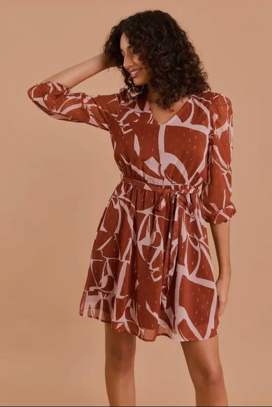 Rust and Taupe Abstract Dress with Gold Fleck