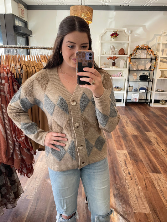 Tan and Blue Diamond Pattern Cardigan