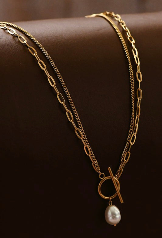 18K Non-Tarnish Layered Chain Pearl Necklace