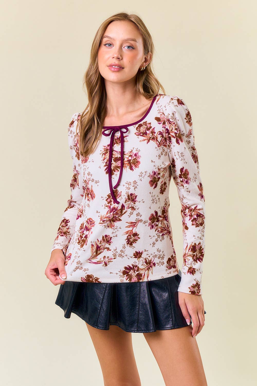 Burgundy Floral Square Neck Ribbon Puff Long Top