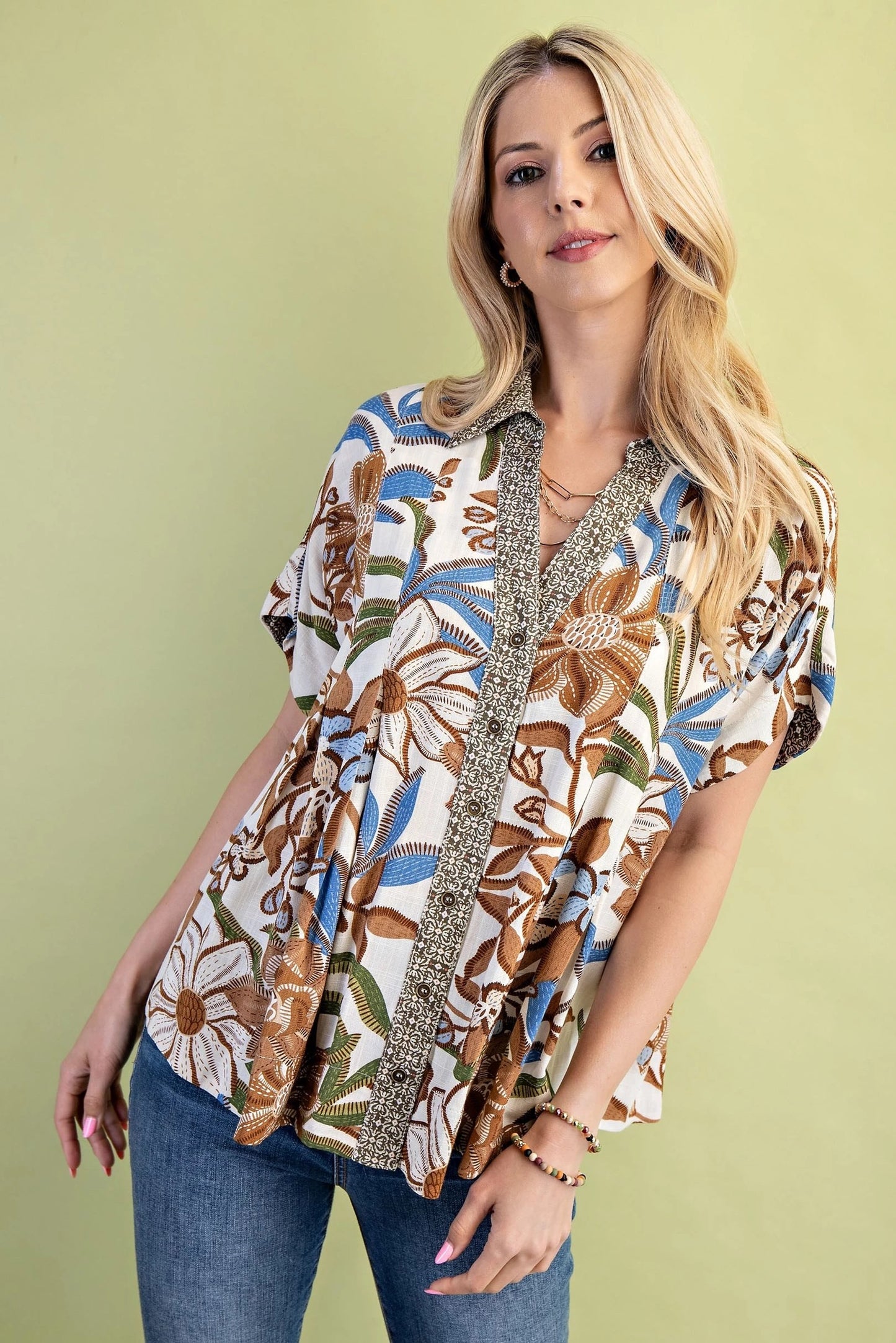 Mocha Mixed Print Button Down Blouse