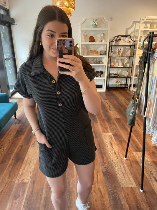 Charcoal Ribbed Romper with Buttons