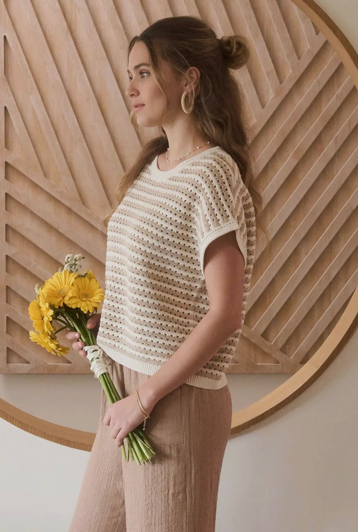 Khaki Stripe Crochet Sweater