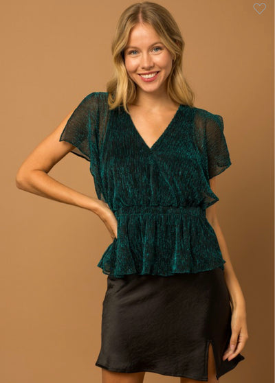 Teal Sparkly Lurex Surplice Peplum Top