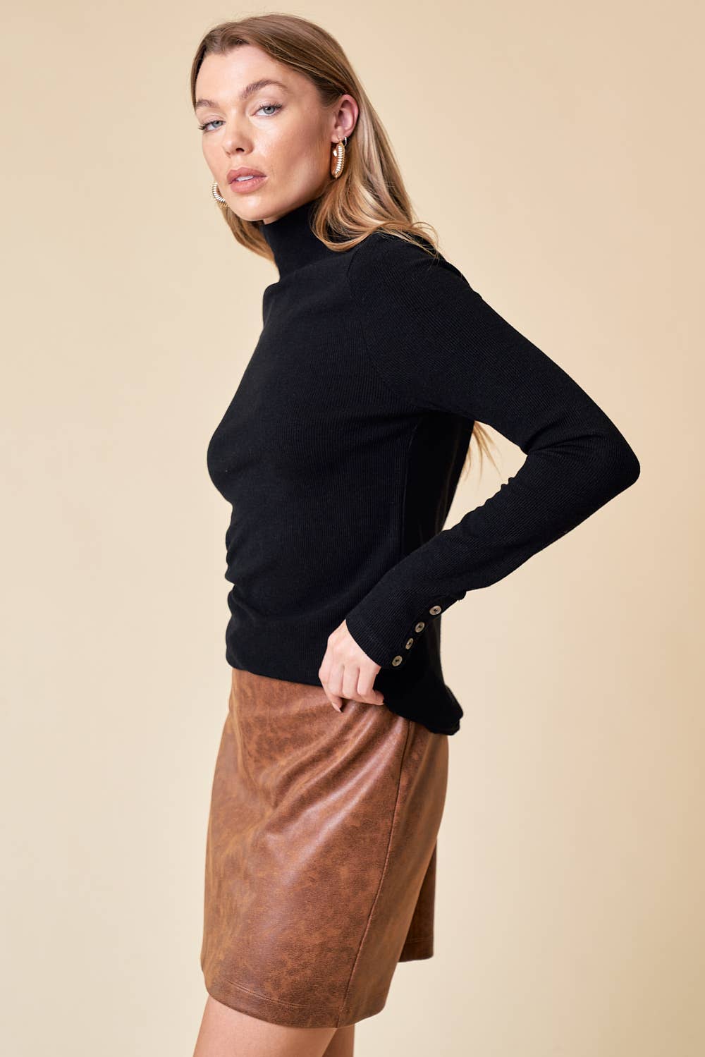 Black Ribbed Mock Neck Top With Sleeve Button Detail