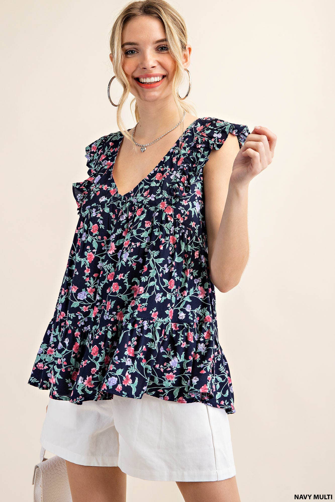 NAVY FLORAL TOP-SLEEVELESS
