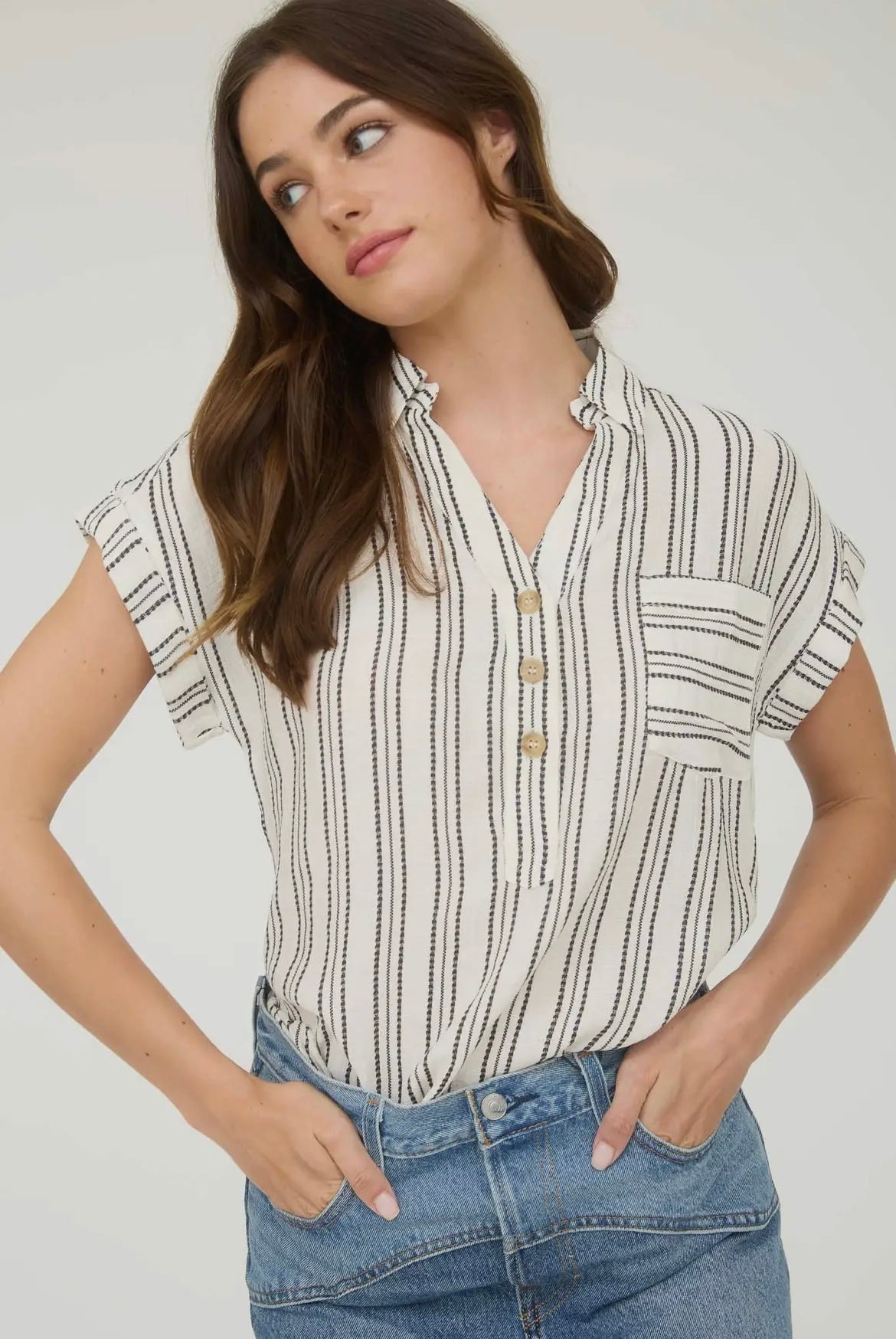 Cream Stripe Button Top