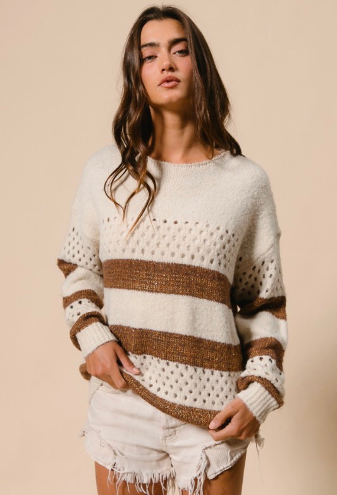 Ivory and Brown Striped Patterned Sweater