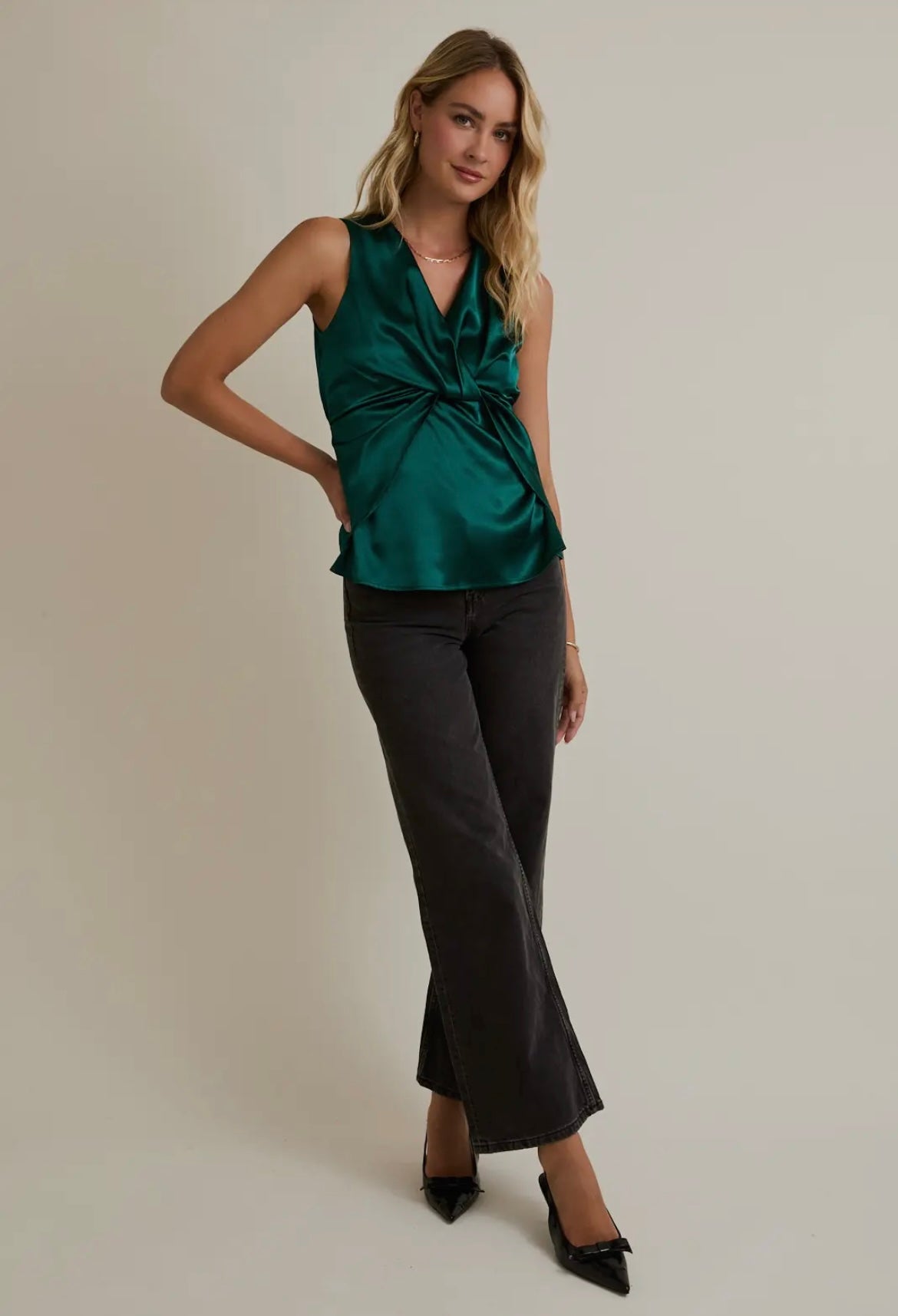 Hunter Green Front Twist Sleeveless Top