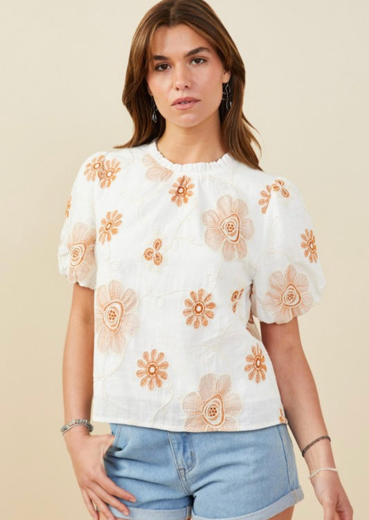 White and Chestnut Embroidered Top