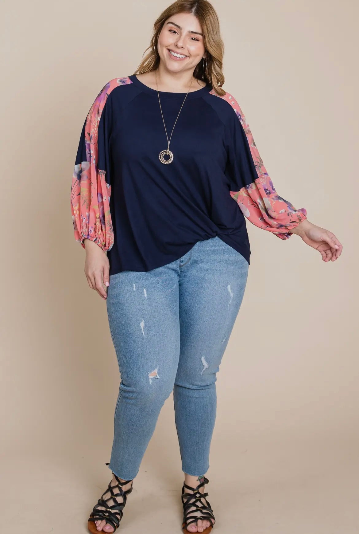 Navy Top with Coral Floral Chiffon Sleeves