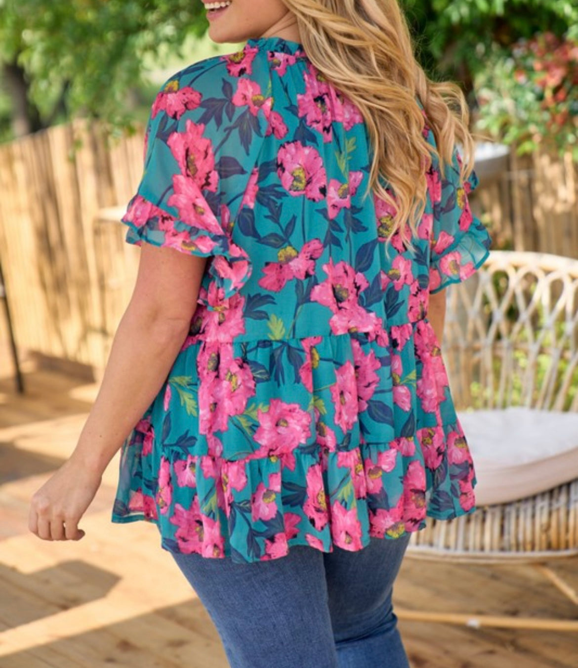 Teal and Hot Pink Floral Blouse