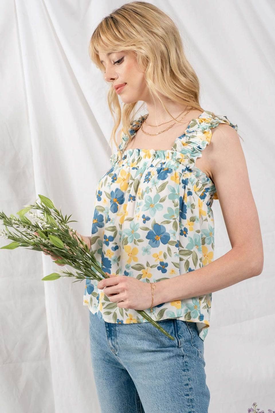 MINT RUCHED STRAPS FLORAL WOVEN TOP