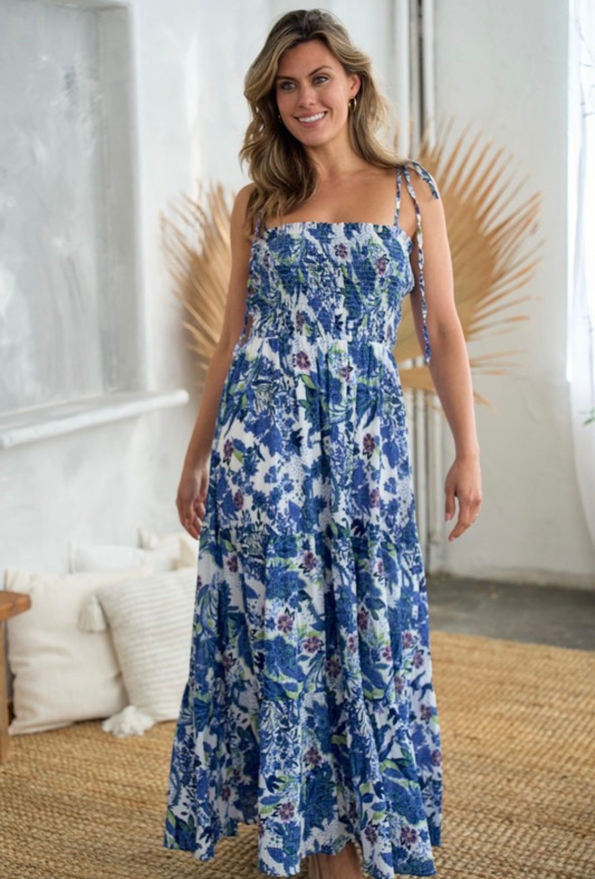 Cobalt Blue Floral Maxi Dress with Ties