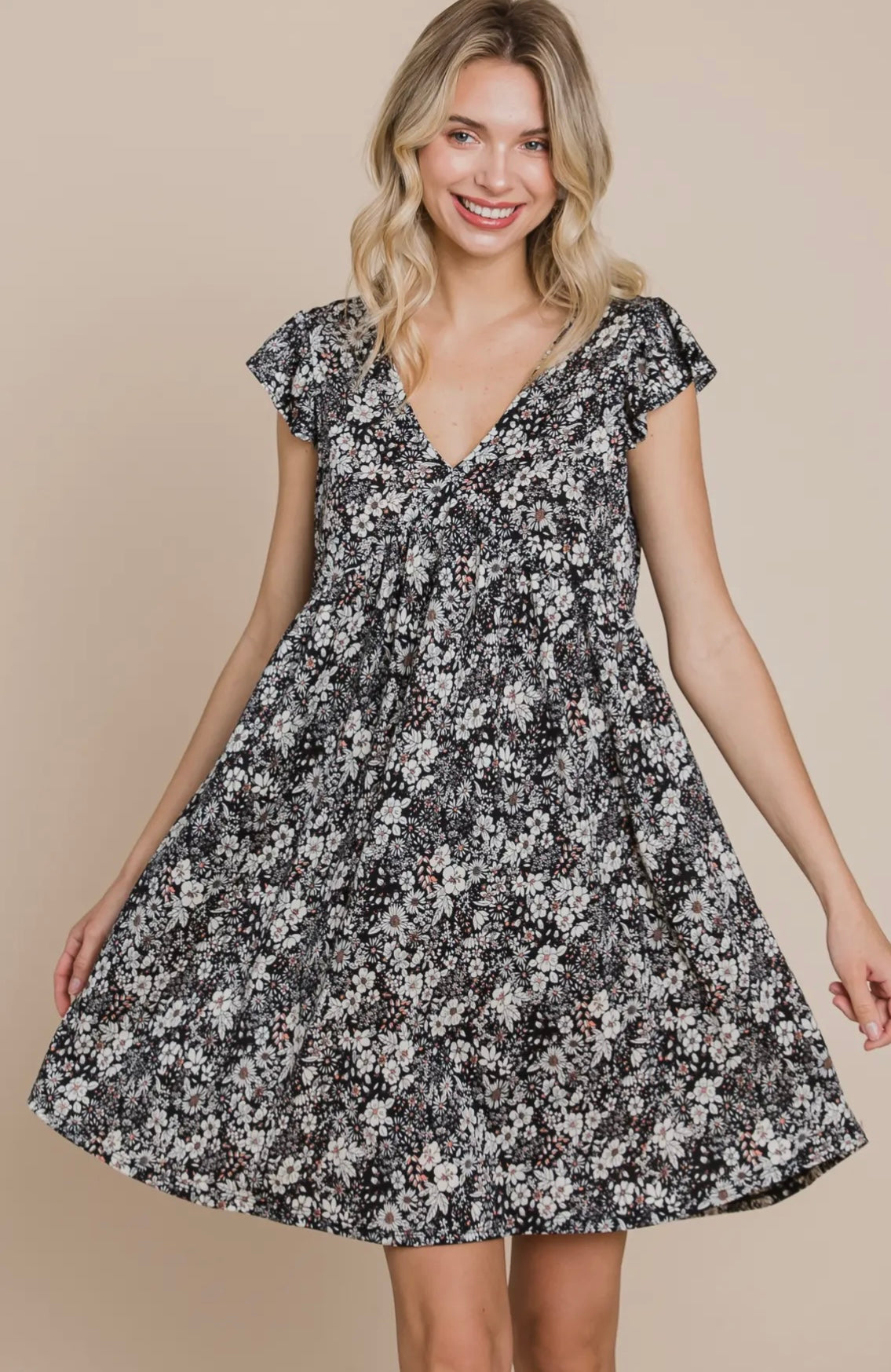 Black Mini Floral Babydoll Dress