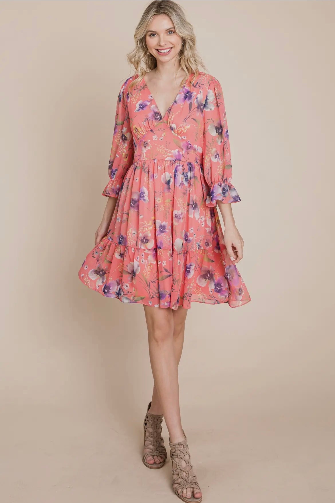 Coral Floral Three Quarter Dress
