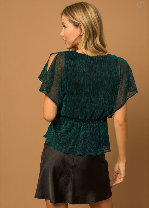 Teal Sparkly Lurex Surplice Peplum Top