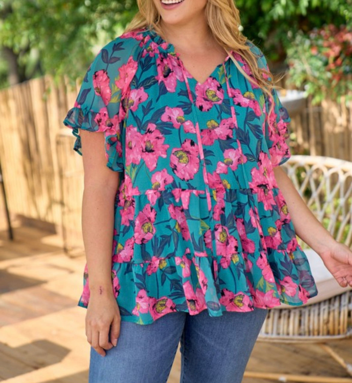Teal and Hot Pink Floral Blouse